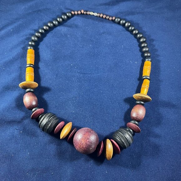 Jewelry - Chunky Wooden Beaded Necklace With Mixed Size & Color Beads